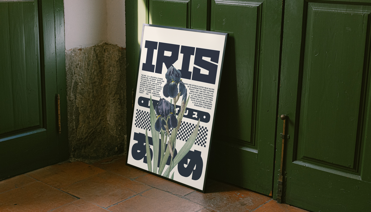 Botanical typography poster with iris flowers and bold IRIS lettering in white frame