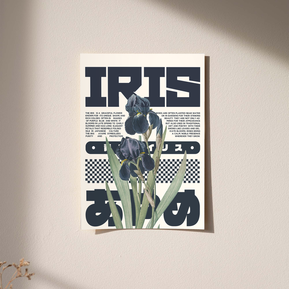 Botanical typography poster with iris flowers and bold IRIS lettering in white frame