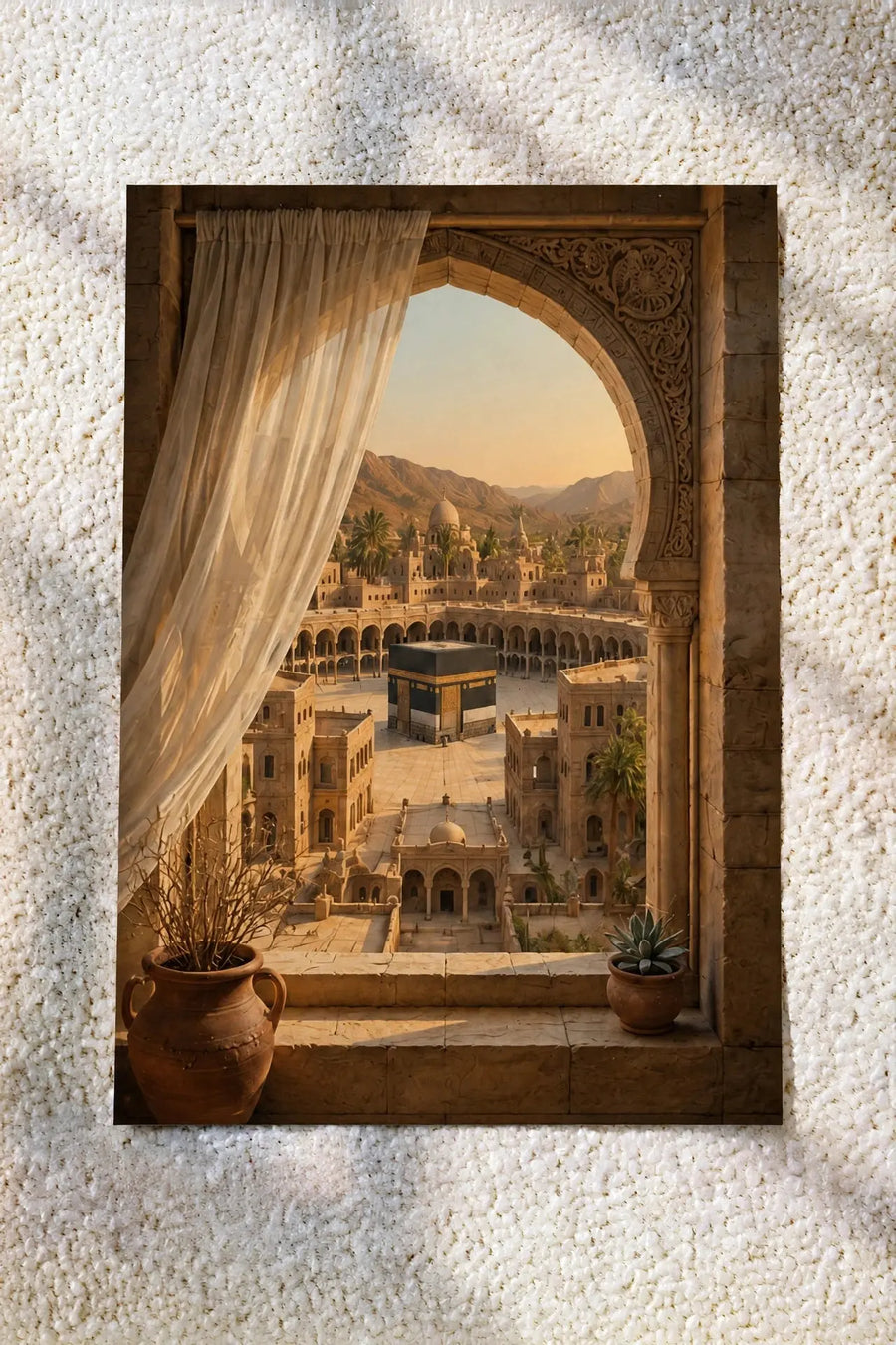 Wood-framed Islamic wall art print with arched courtyard scene and draped curtain