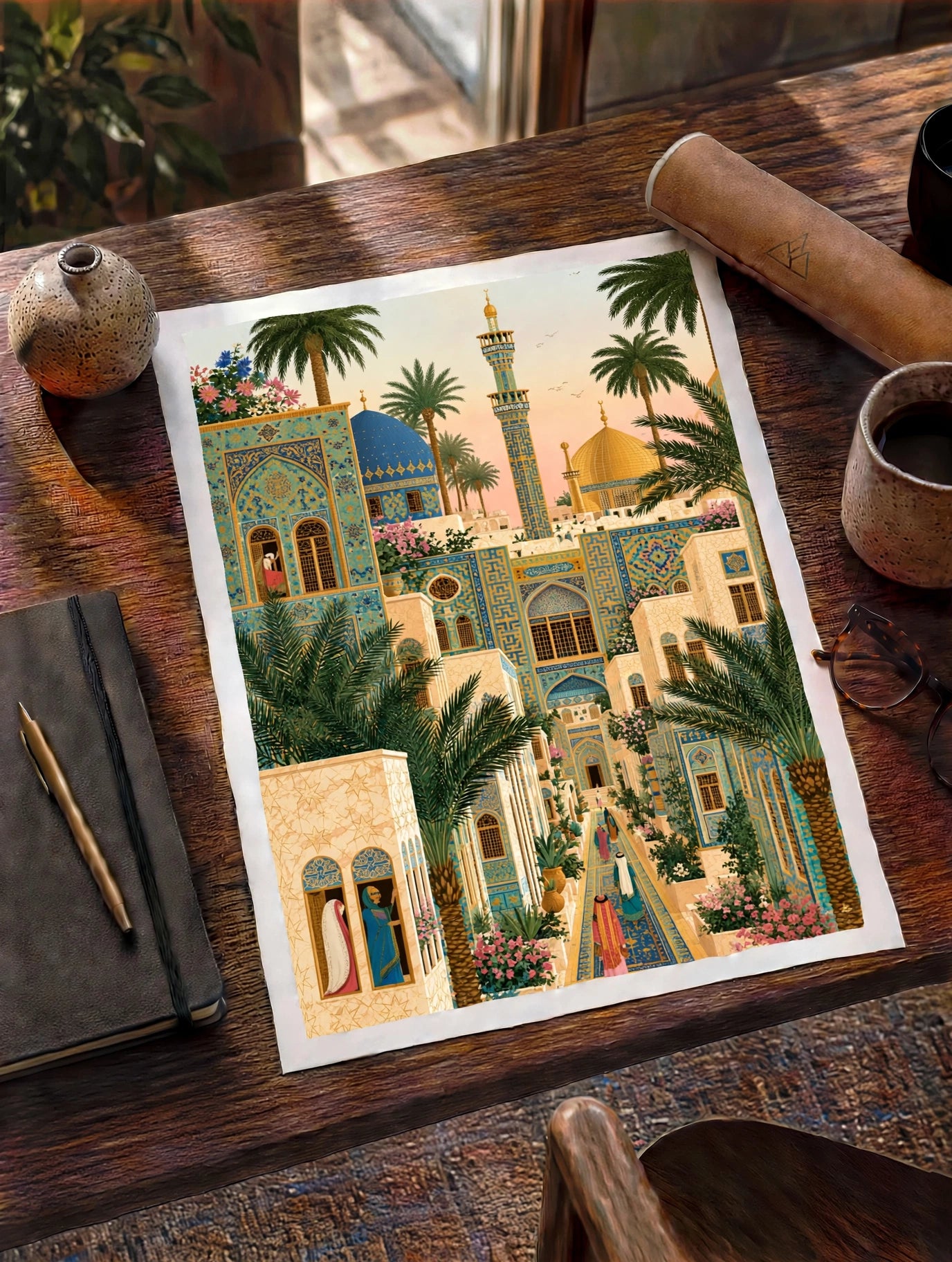 Islamic architecture art print on desk showing mosque arches, minarets and palm trees