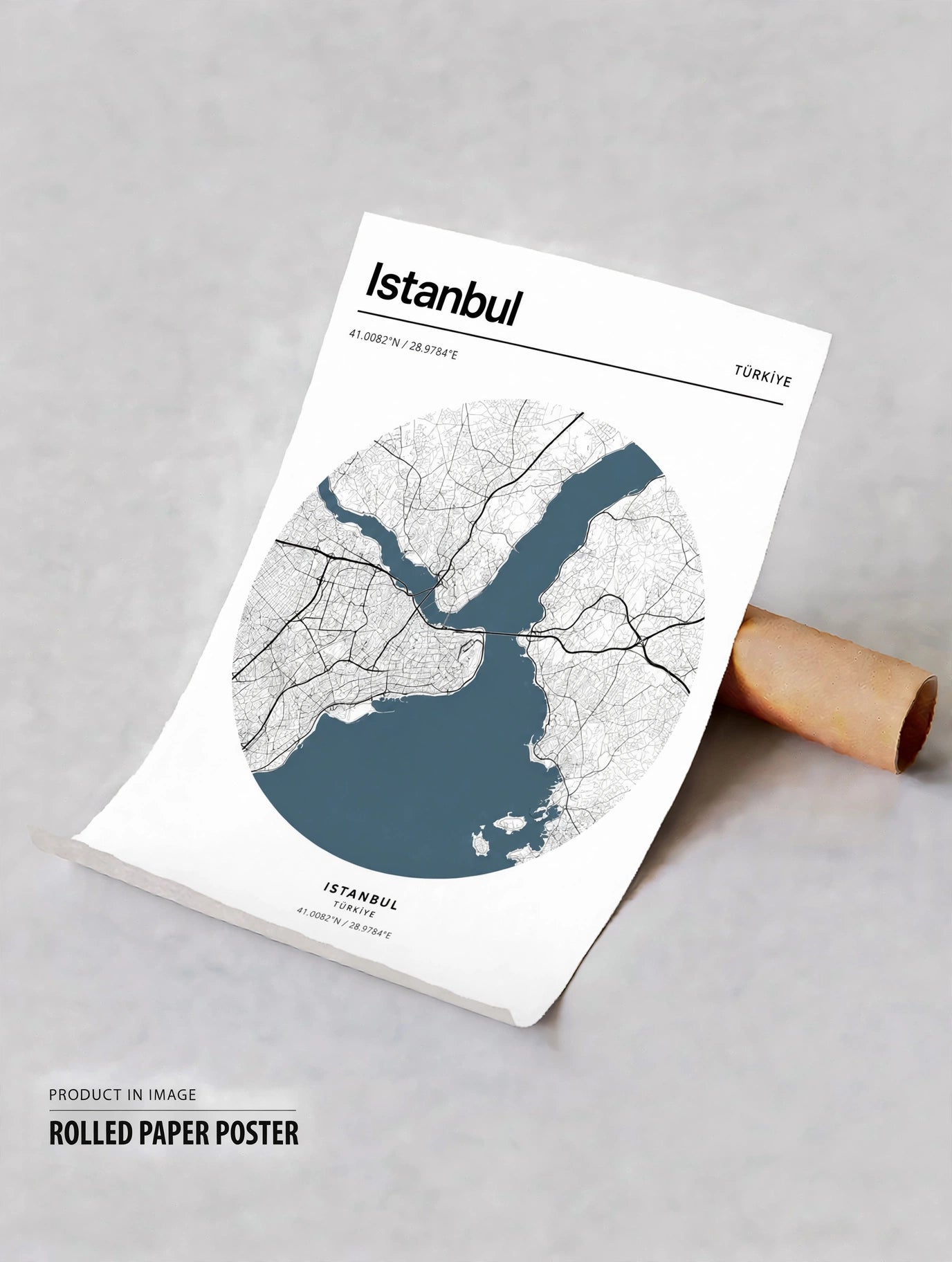 Rolled paper poster with Istanbul city map print, 'Istanbul' title and Turkey label