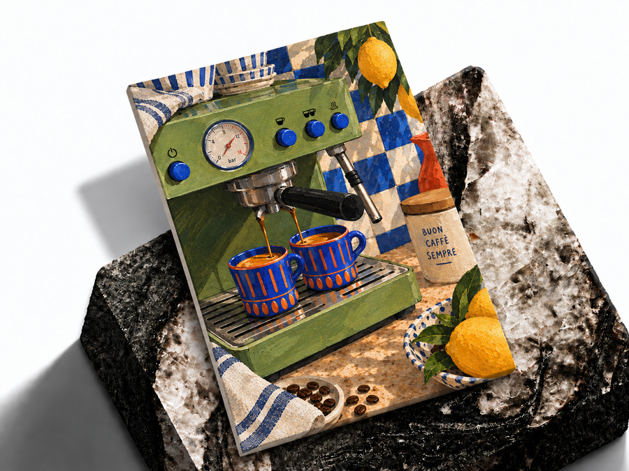 Italian espresso machine poster shown as a premium art print mockup