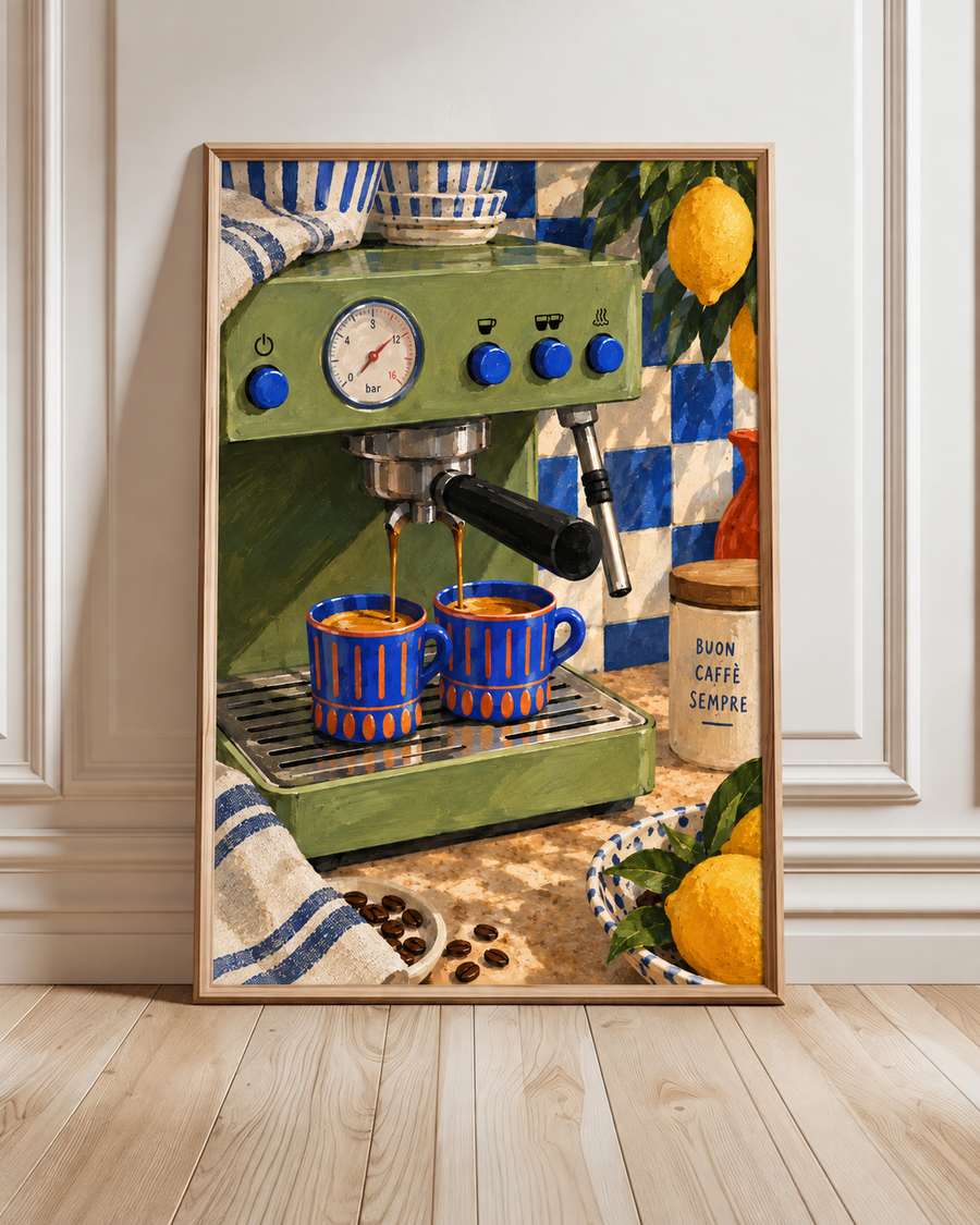 Italian espresso machine wall art displayed in a contemporary kitchen interior