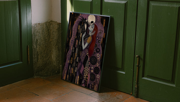 Jack Skellington and Sally embracing amid purple, black and gold ornamental patterns leaning on the floor against dark green wall panelling