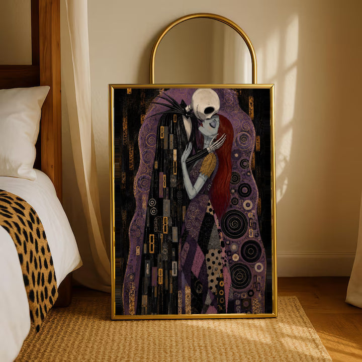 Jack Skellington and Sally embracing amid purple, black and gold ornamental patterns in a gold-tone styling frame leaning beside a bedroom mirror