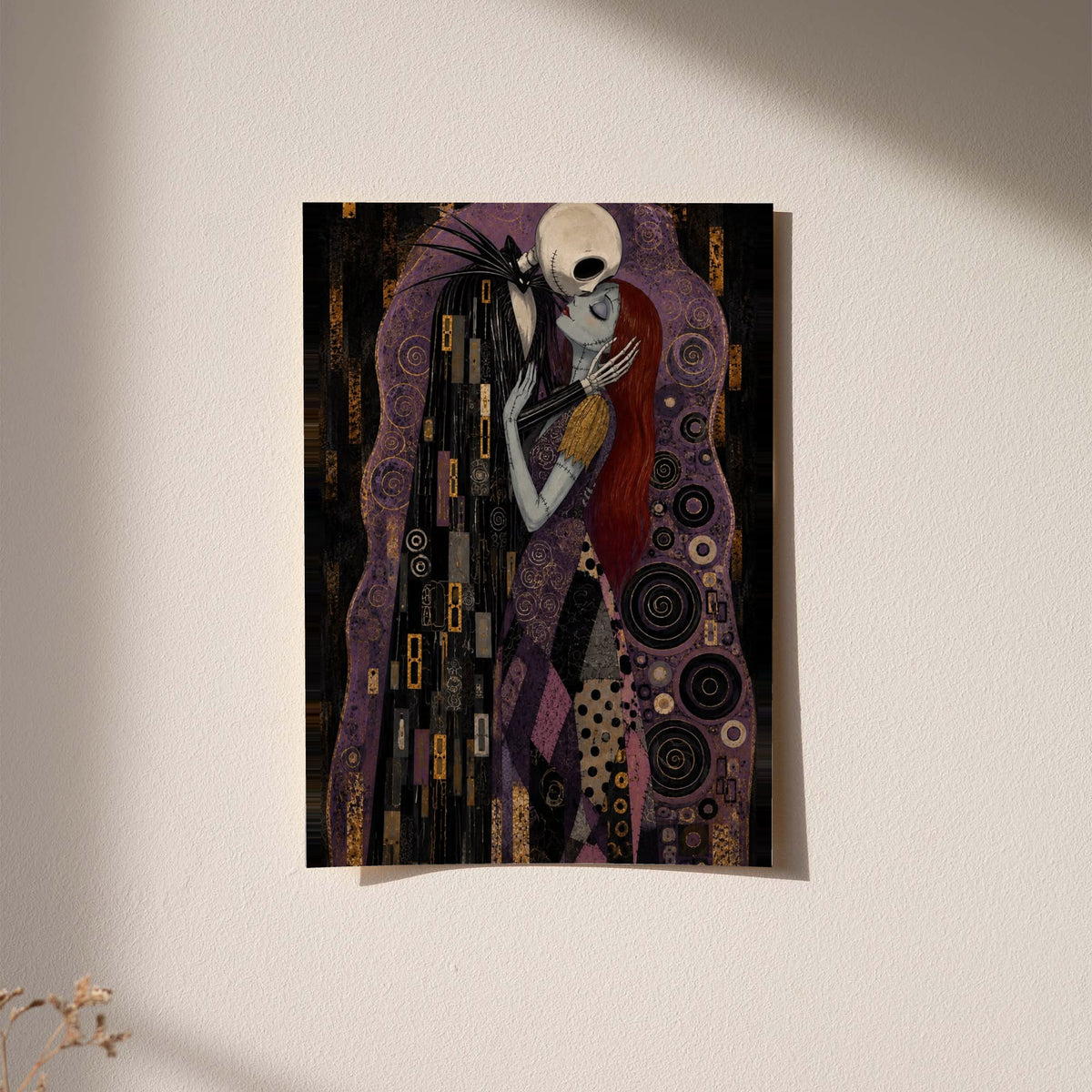 Jack Skellington and Sally embracing amid purple, black and gold ornamental patterns displayed without a visible frame on a softly lit pale wall