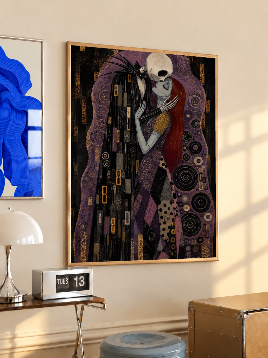 Purple gothic art print in black frame, featuring two skeletons in ornamental embrace