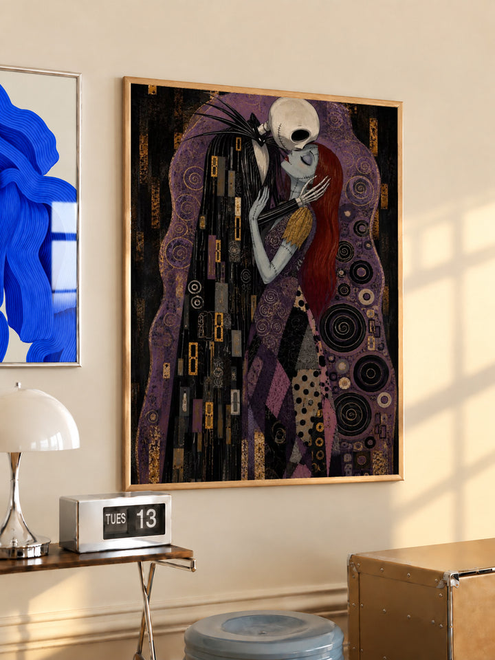 Jack Skellington and Sally embracing amid purple, black and gold ornamental patterns in a light wood frame on a sunlit office wall beside a desk