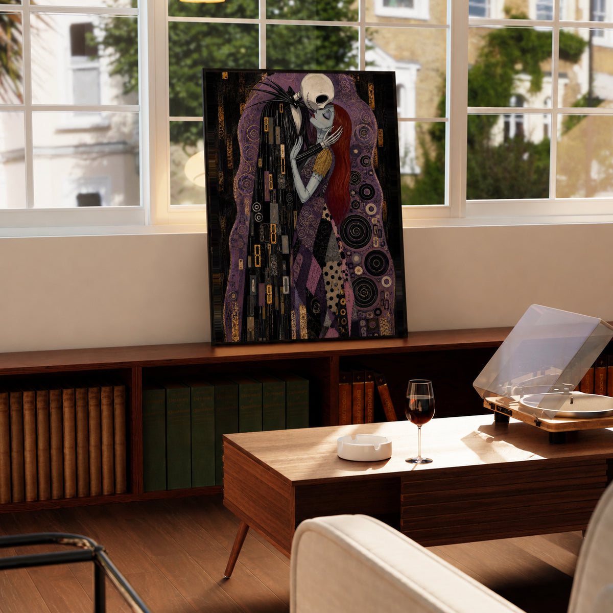 Jack Skellington and Sally embracing amid purple, black and gold ornamental patterns in a black display frame on a wooden console beside a sunlit window