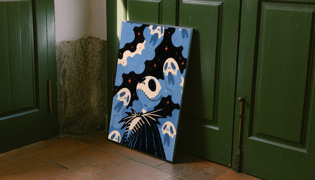 Jack Skellington surrounded by blue ghosts, cream clouds and tiny orange stars on black leaning on the floor against dark green wall panelling