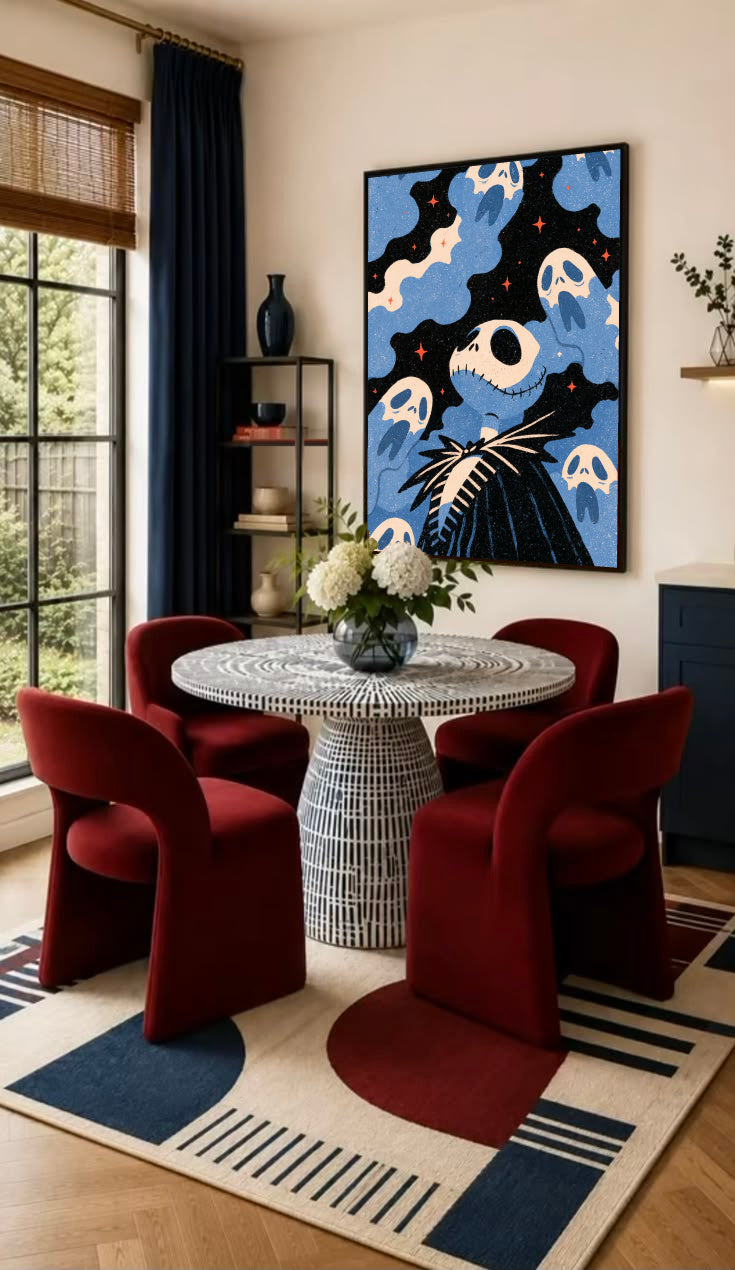 Framed Halloween ghost poster with playful blue skeleton figures on dark background
