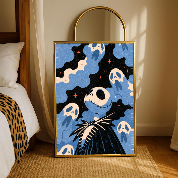 Jack Skellington surrounded by blue ghosts, cream clouds and tiny orange stars on black in a gold-tone styling frame leaning beside a bedroom mirror
