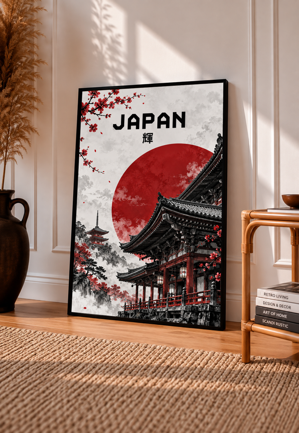 Framed temple poster featuring red sun, black pagoda rooftops, and cherry blossom branches.