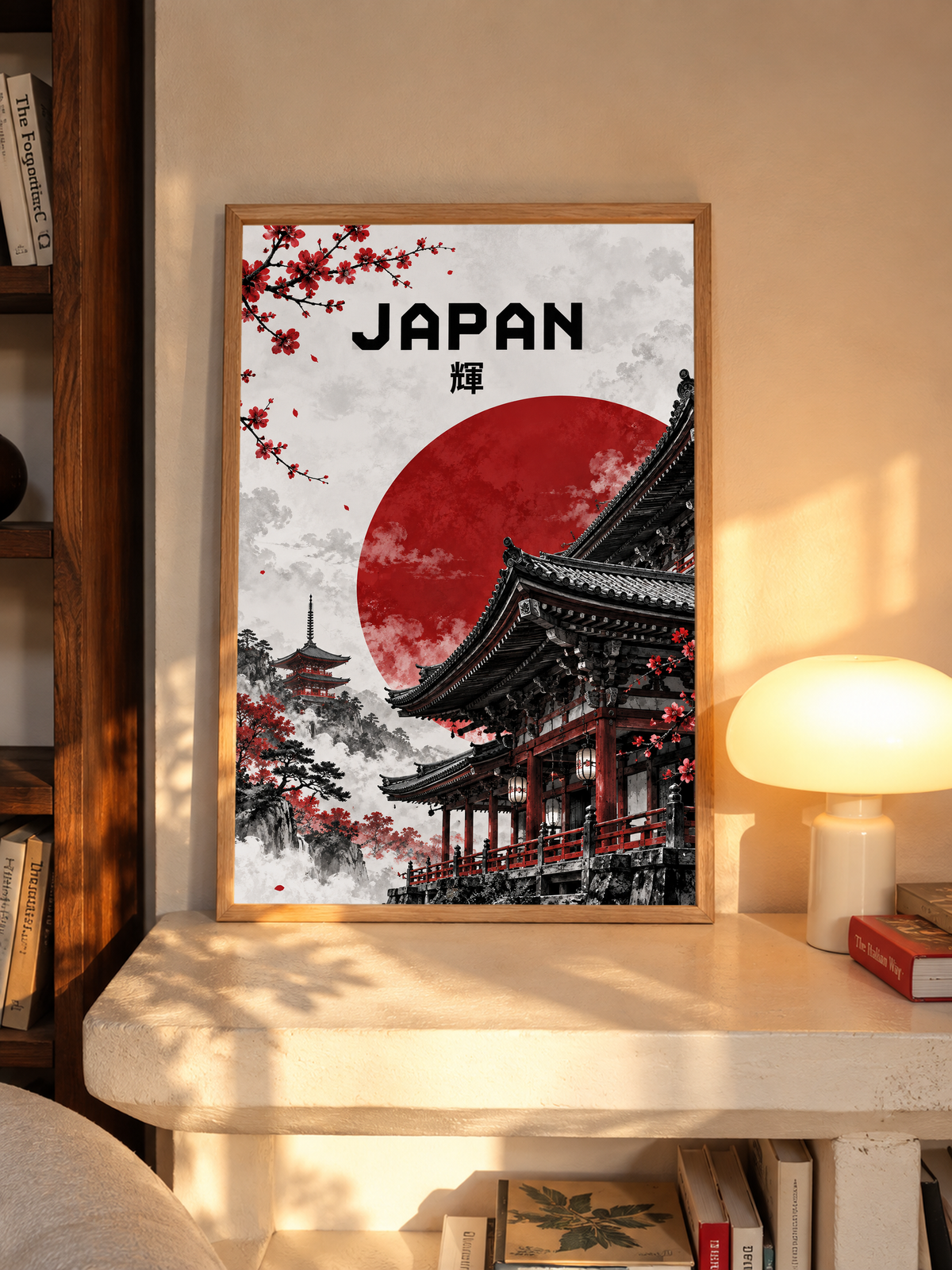 Wood-framed temple poster with red sun, black temple details, and cherry blossom branches.