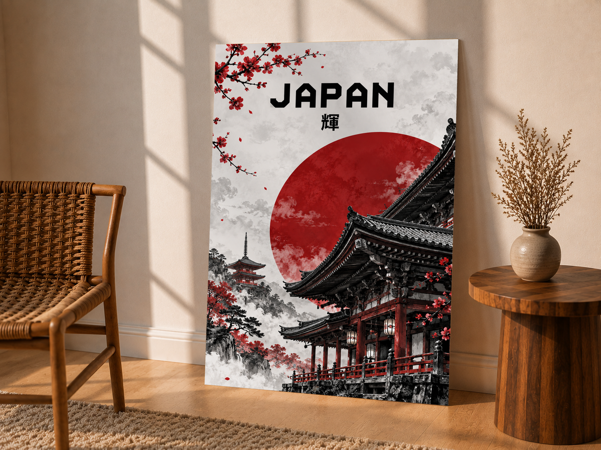 Vertical temple poster with red sun, black architecture, and cherry blossoms; JAPAN text.