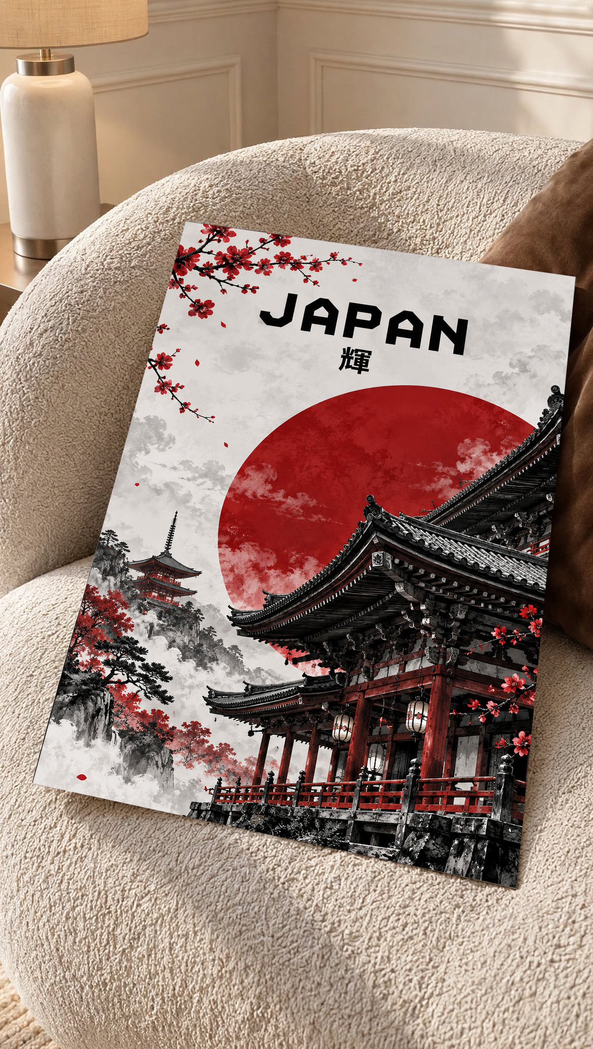 Framed temple poster on sofa cushion with red sun, black temple, and cherry blossom branches.