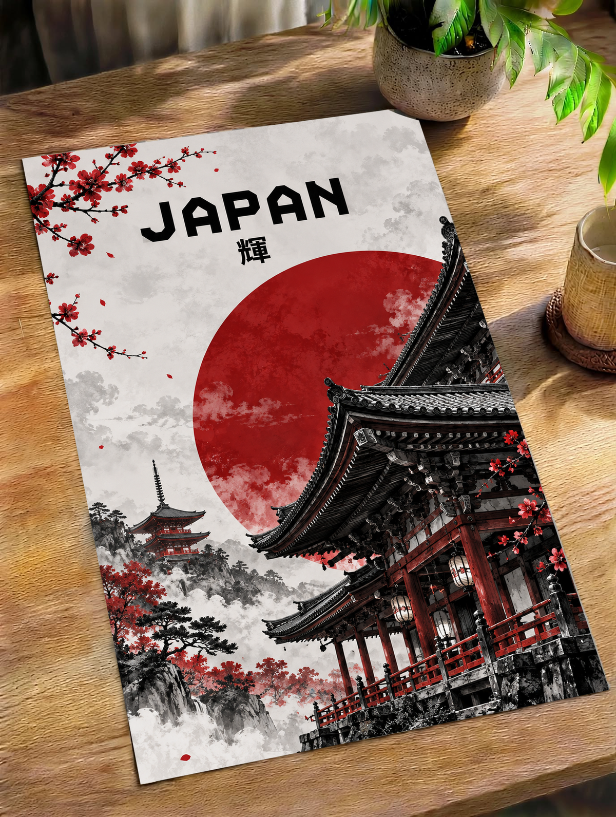 Slanted temple poster showing red sun, black rooftops, and cherry blossoms across the scene.
