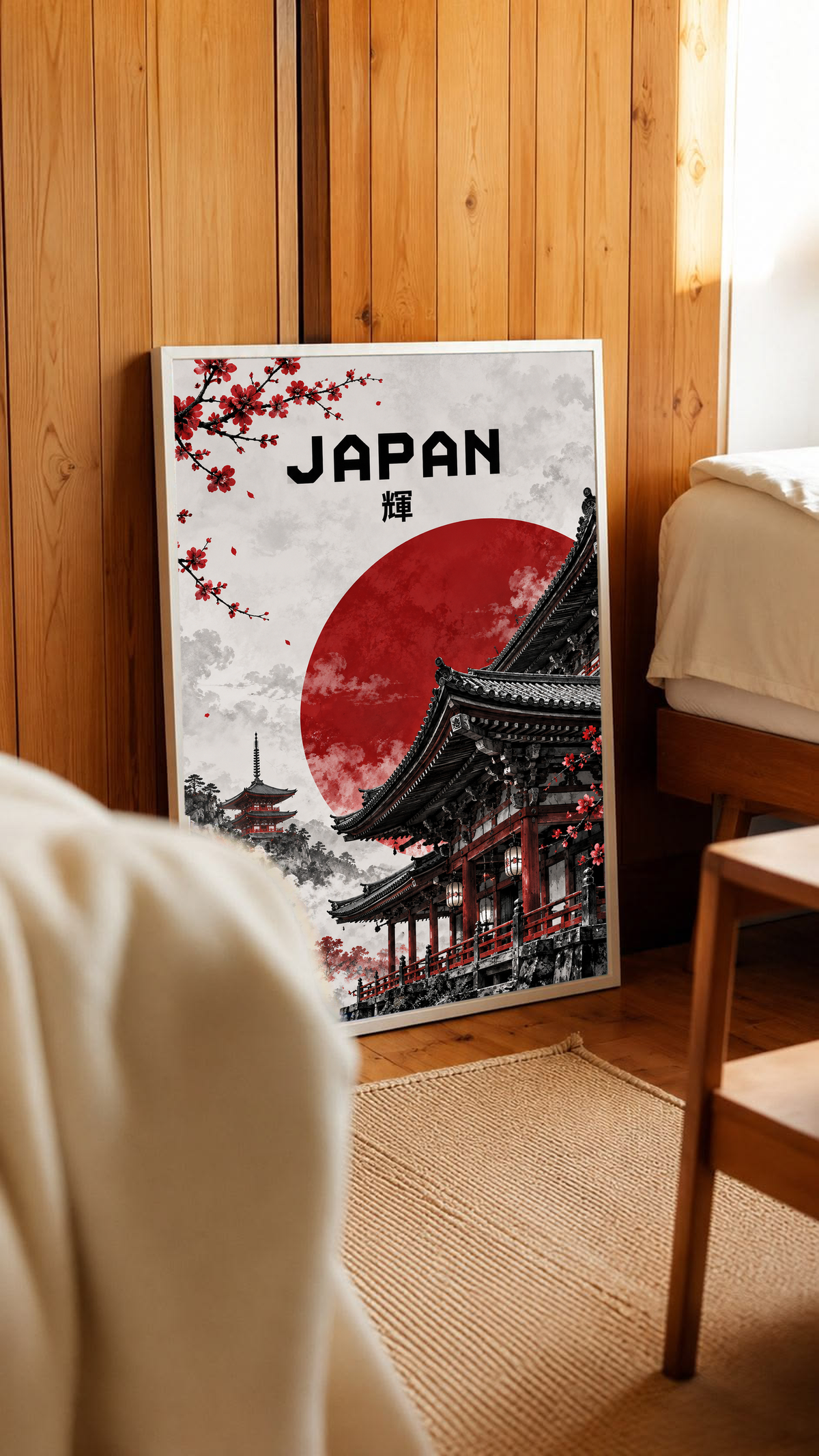Japan temple poster with red sun, black rooftops, cherry blossoms, and “JAPAN” text