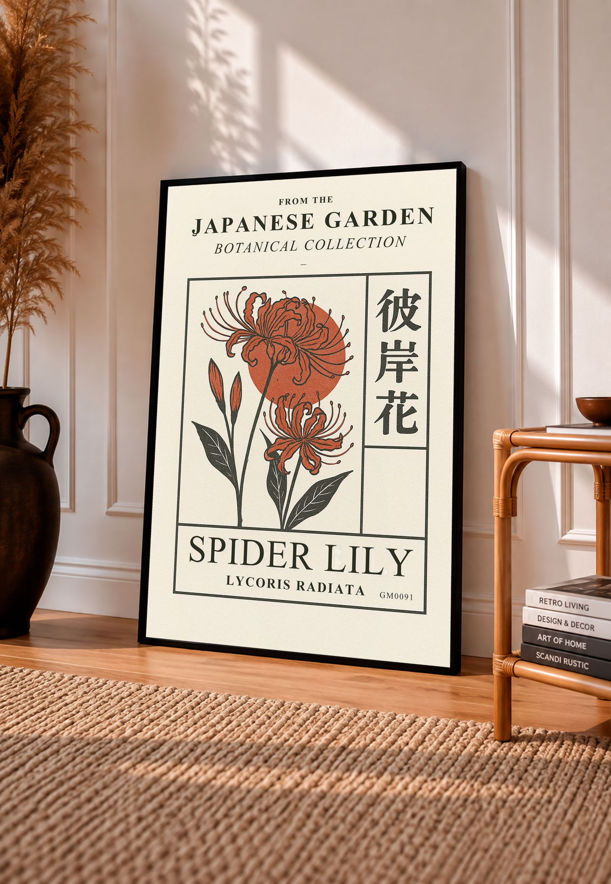Framed spider lily botanical poster with orange flowers and dark border