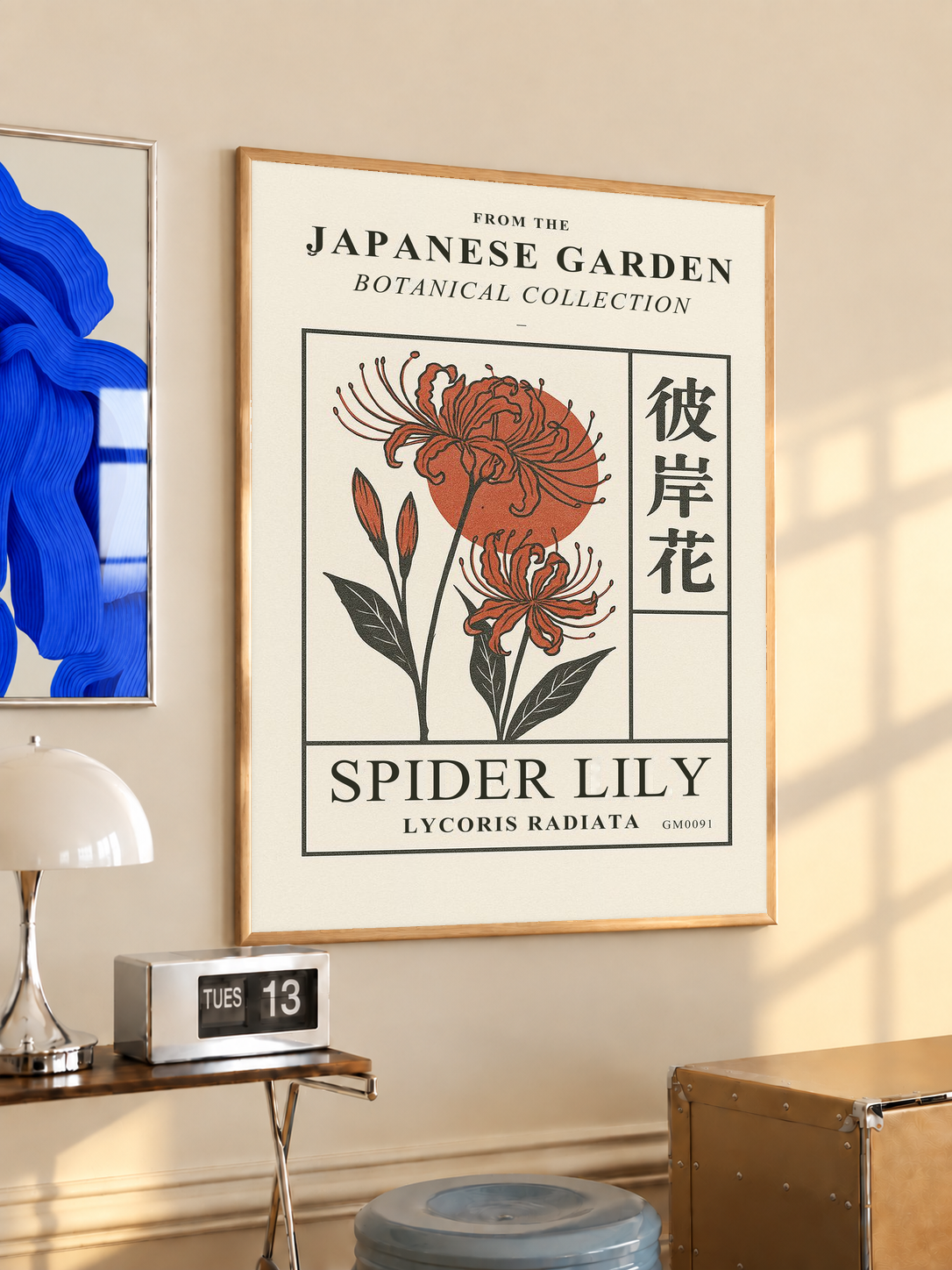 Wood-framed spider lily botanical poster with orange flowers and Japanese script