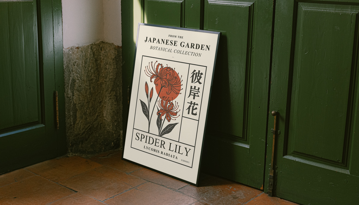 Framed spider lily botanical poster with orange blooms and Japanese script on a dark border