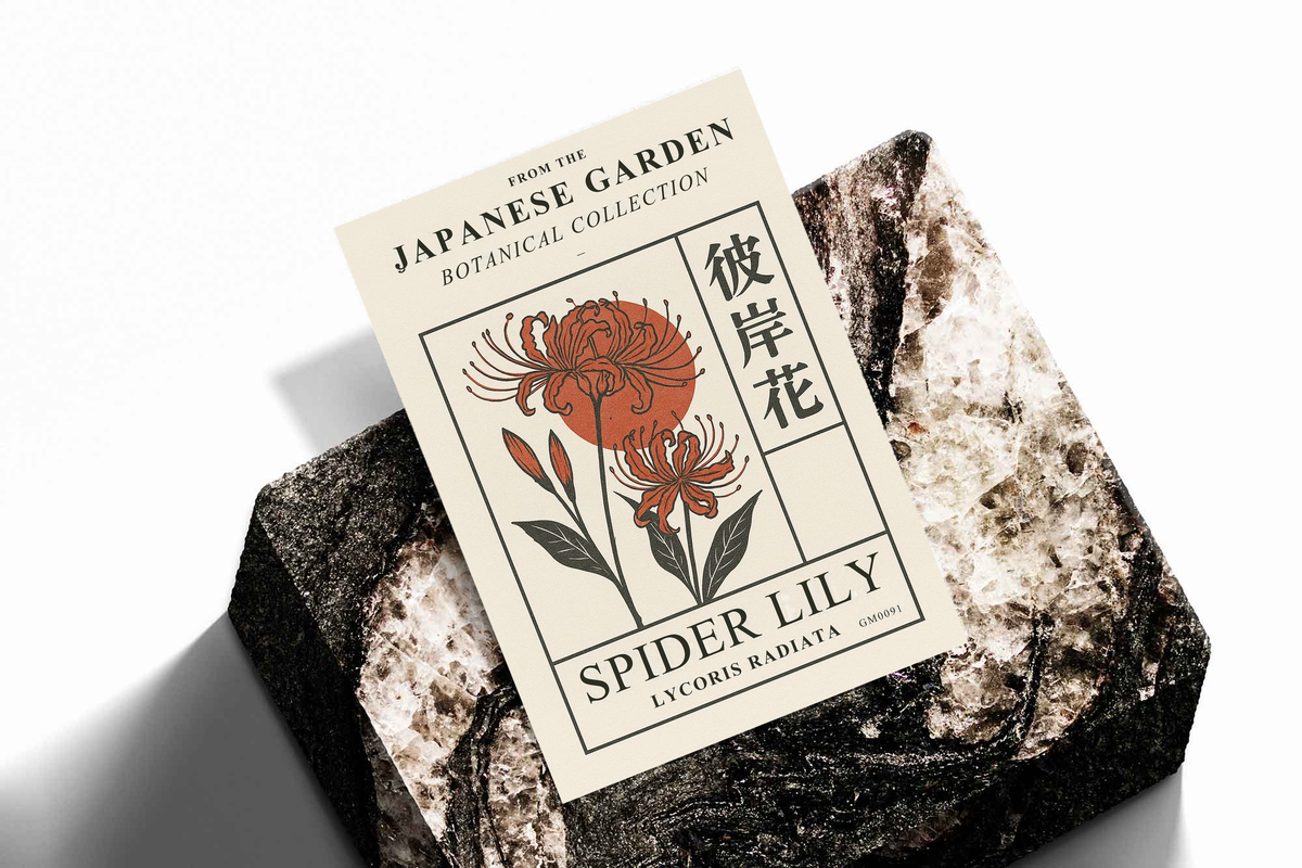 Spider lily botanical poster with orange flowers and Japanese script on textured stone