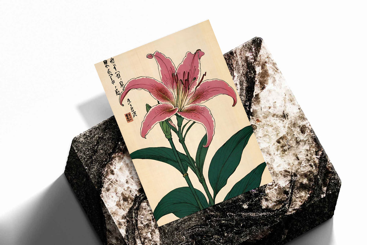 Pink lily with dark green leaves Japanese calligraphy and a red seal on cream as an unframed print standing on a stone plinth against white