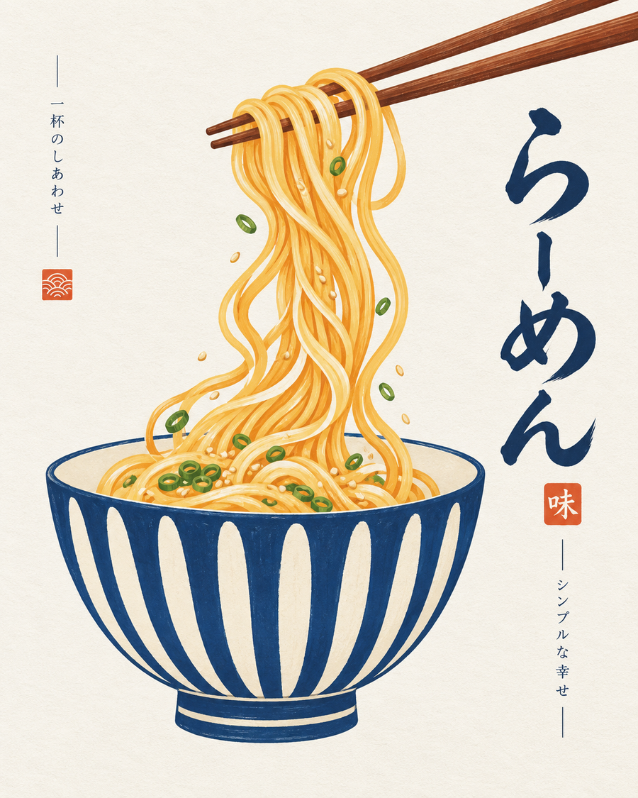 Japanese ramen bowl kitchen wall art poster with noodles lifted by chopsticks and blue striped bowl