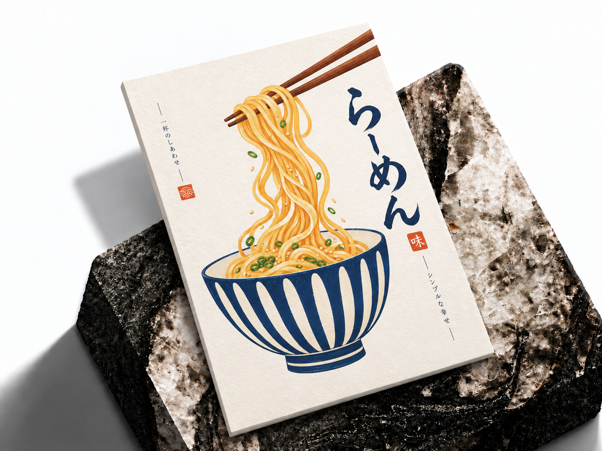 Ramen bowl wall art print with orange noodle strands and blue striped bowl on stone
