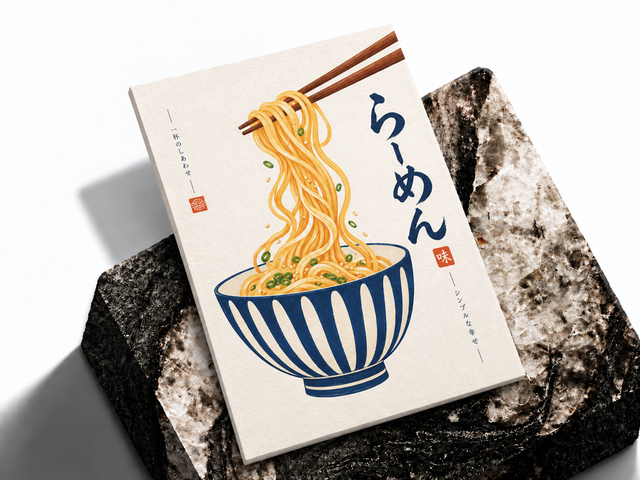 Japanese ramen bowl poster shown as a premium art print mockup