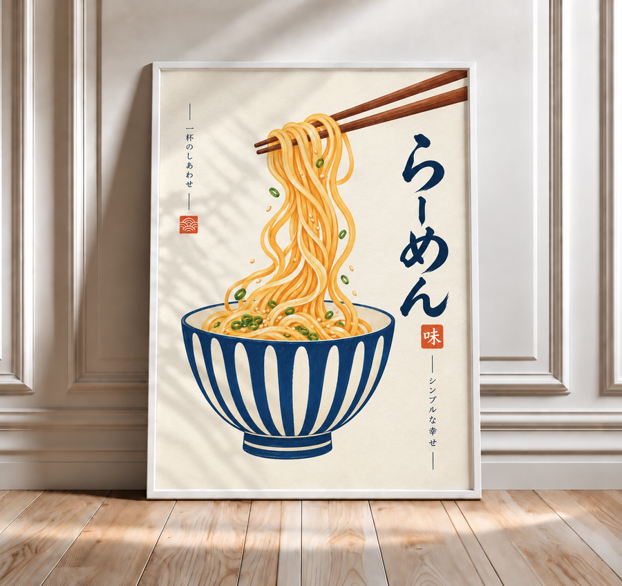 Japanese ramen bowl wall art displayed in a modern kitchen and dining interior