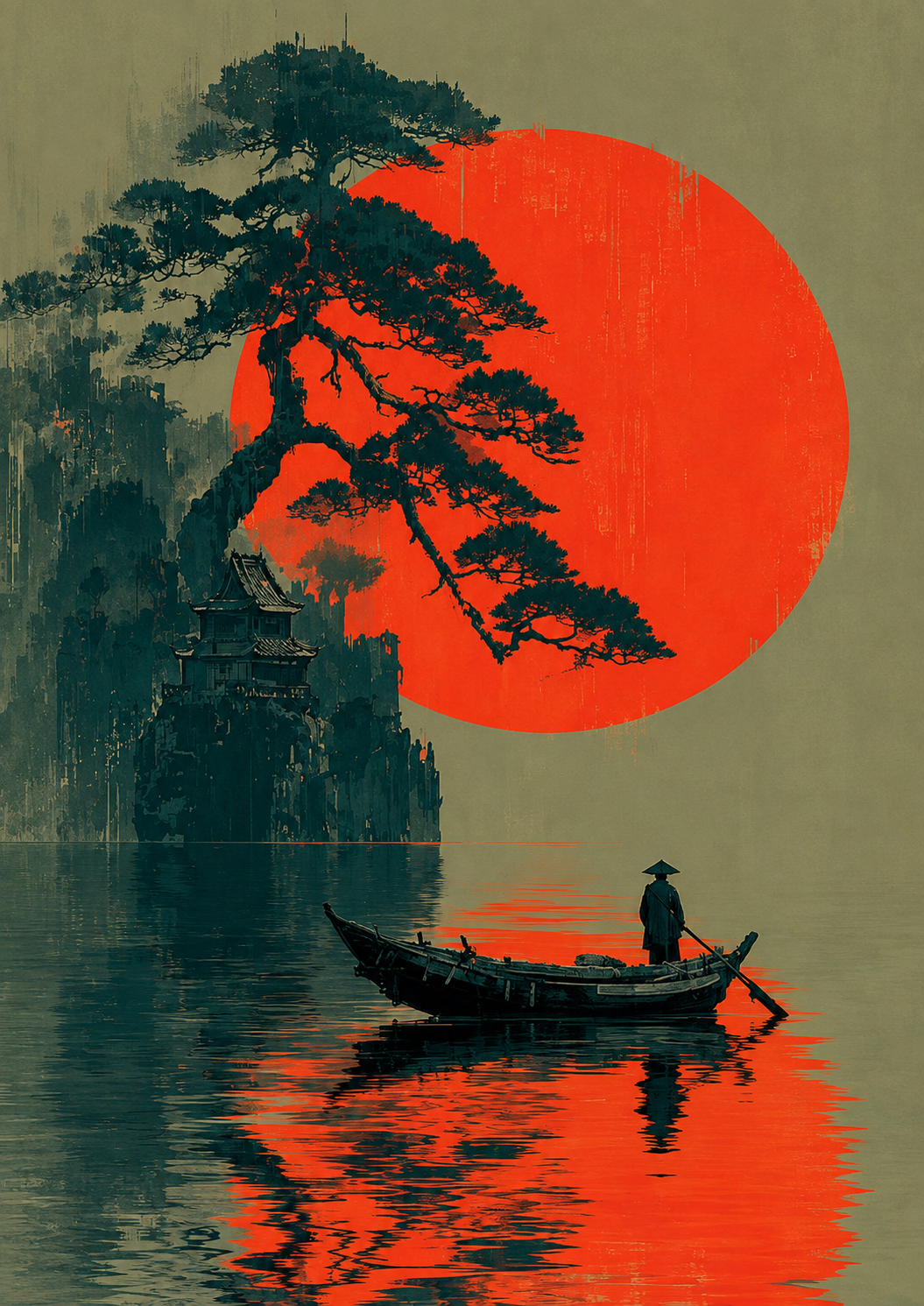 Japanese red sun landscape wall art poster with pine tree and boat on calm water