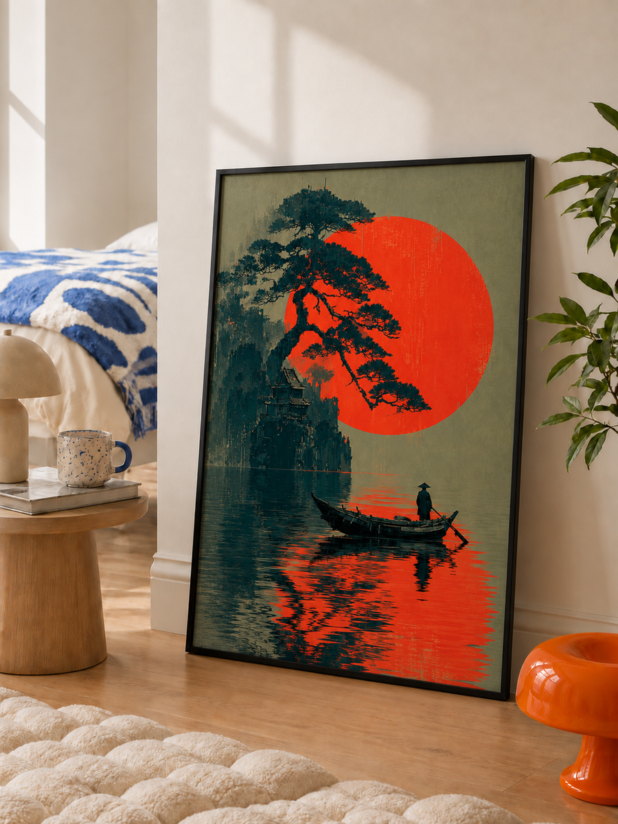 Japanese red sun landscape wall art displayed in a serene modern interior