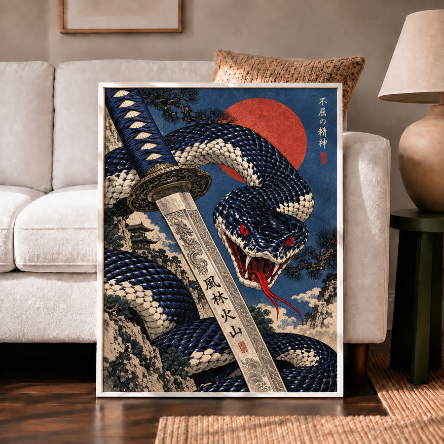 Japanese inspired serpent wall art displayed in a modern living room