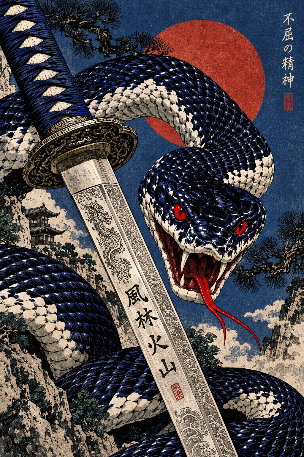 Japanese snake and katana wall art poster with red sun and stylized waves