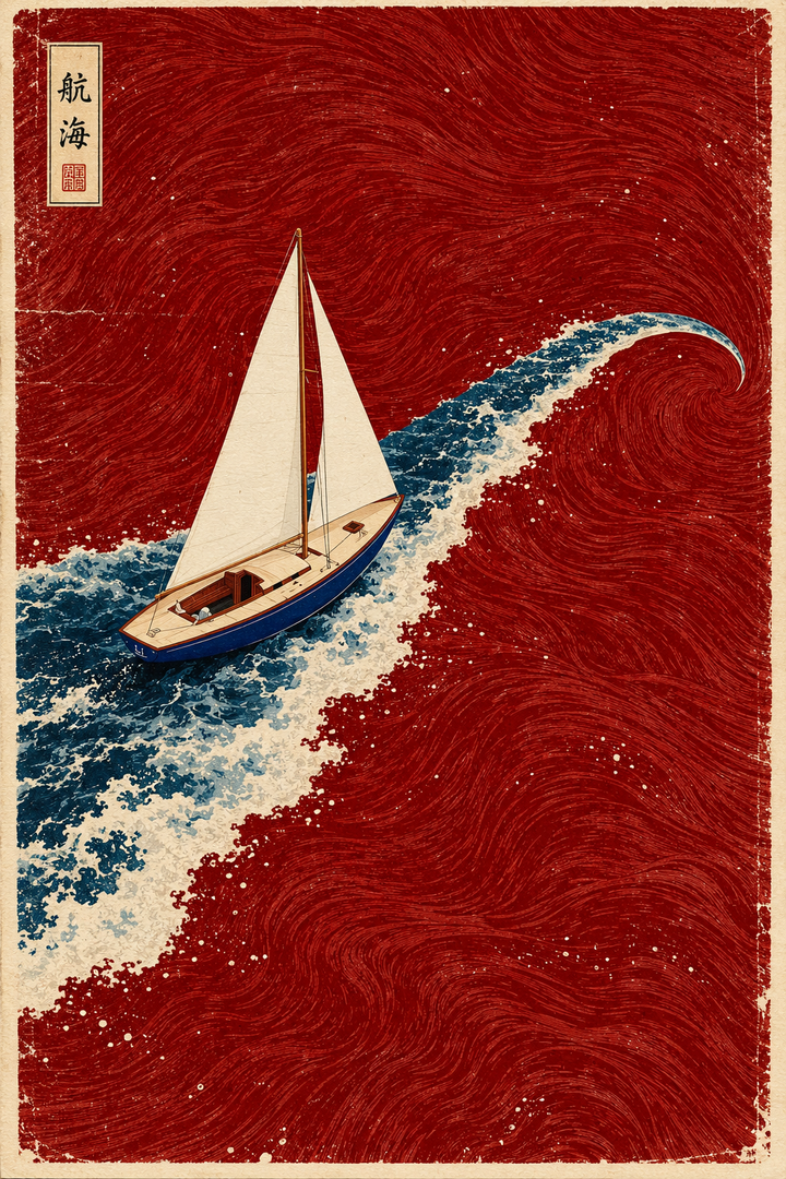 White sailboat riding stylized curling blue-and-white waves across a textured deep-red sea, with a small vertical East Asian inscription.