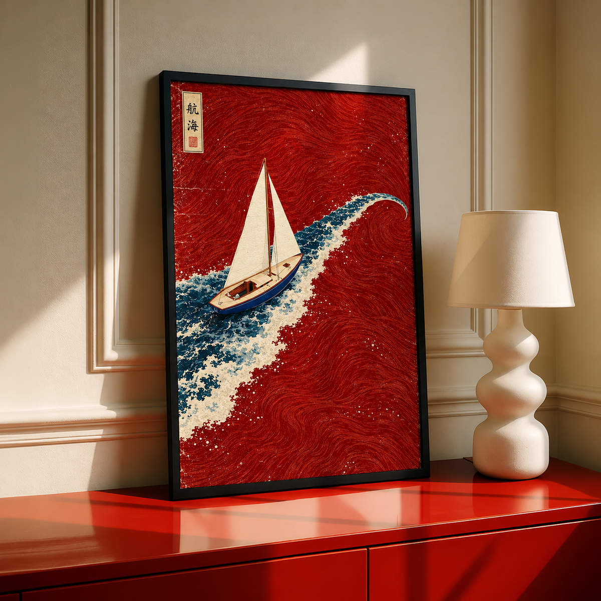 Black-framed Japanese wave and red sailboat print displayed on a bright red console beside a white sculptural lamp.
