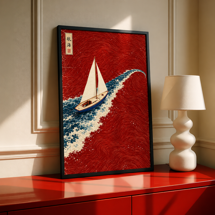 Black-framed Japanese wave and red sailboat print displayed on a bright red console beside a white sculptural lamp.