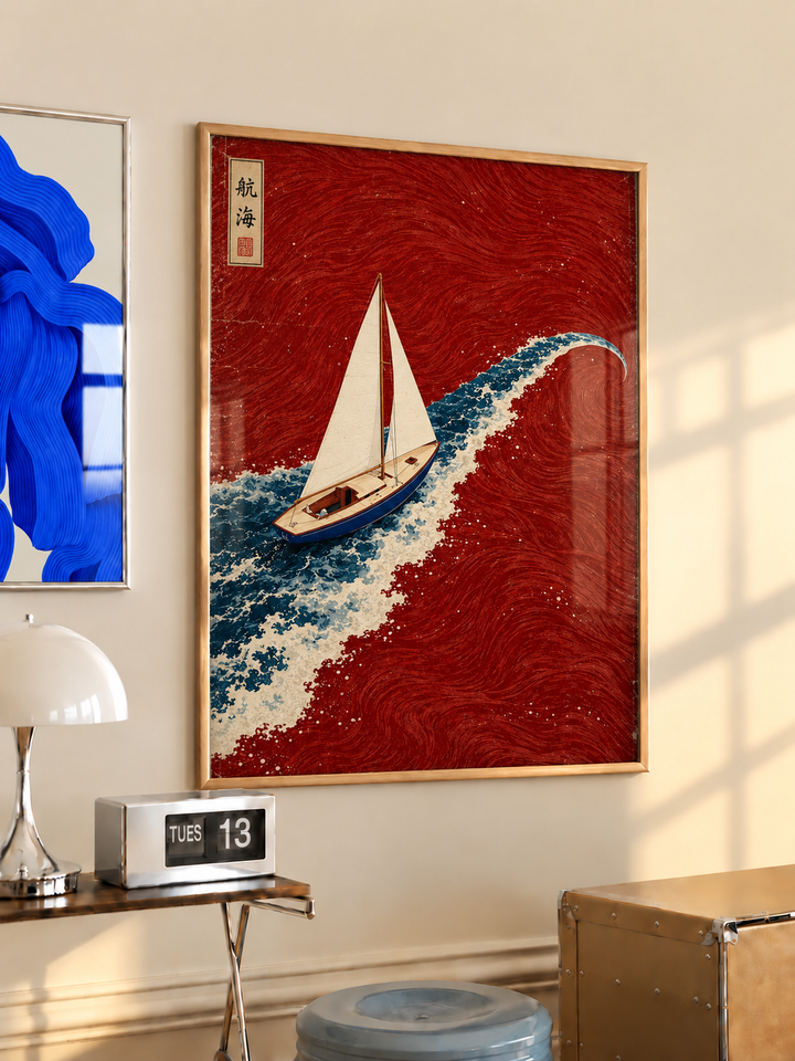White-sail boat in red sea and blue waves wall art displayed in styled interior view 2