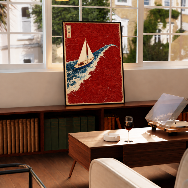 White-sail boat in red sea and blue waves wall art displayed in styled interior view 3