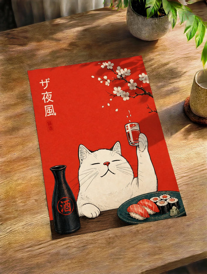Japanese Cat Ramen Art Print featuring a quirky cat illustration with traditional Japanese graphic details