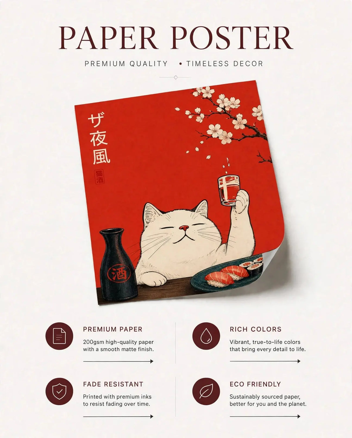 Cat art print poster with red scene, white cat raising a glass and food on table