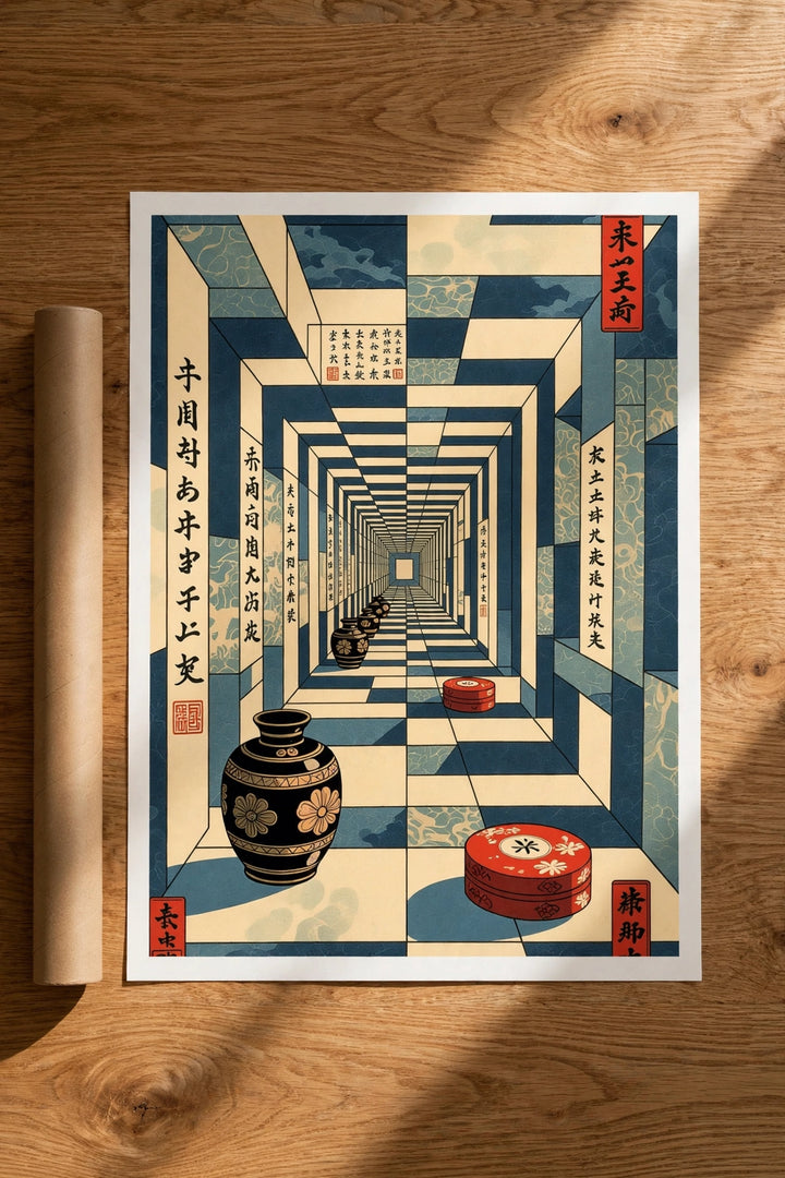 Framed geometric corridor art print in blue and cream, patterned tiles and red seals.