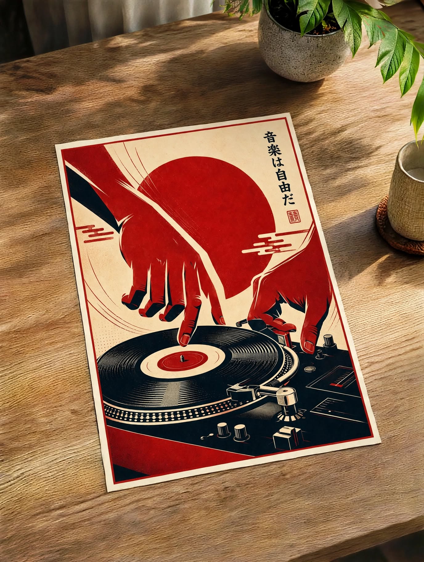 Japanese Vinyl Art Print featuring vertical typography and vintage inspired record player artwork