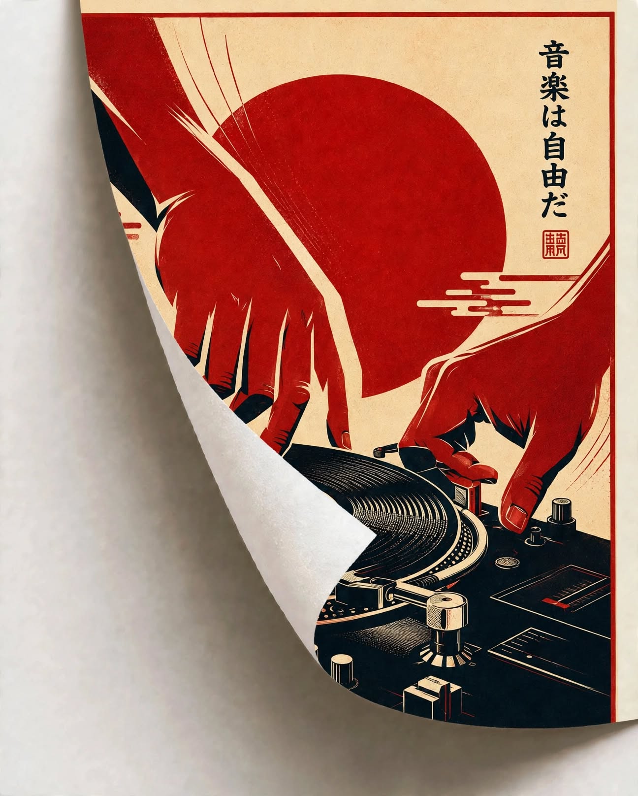 Japanese Vinyl Art Print featuring vertical typography and vintage inspired record player artwork