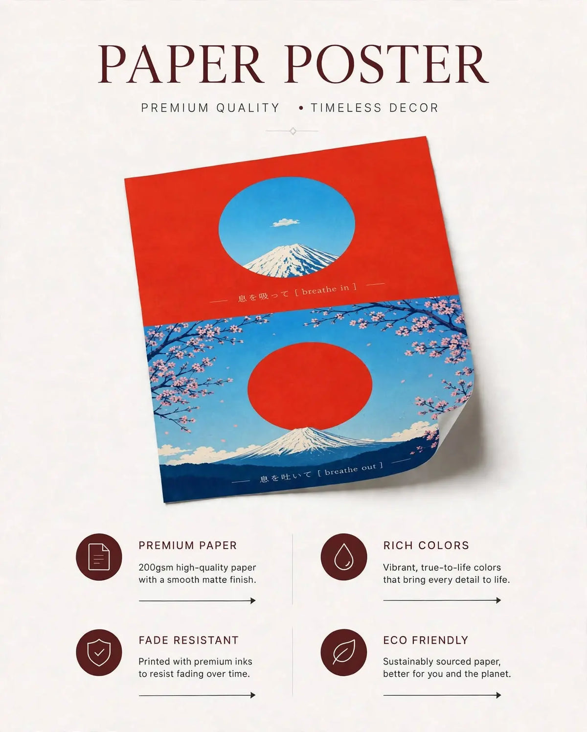 Paper poster featuring red sun, blue sky, cherry blossoms, and Mt. Fuji landscape
