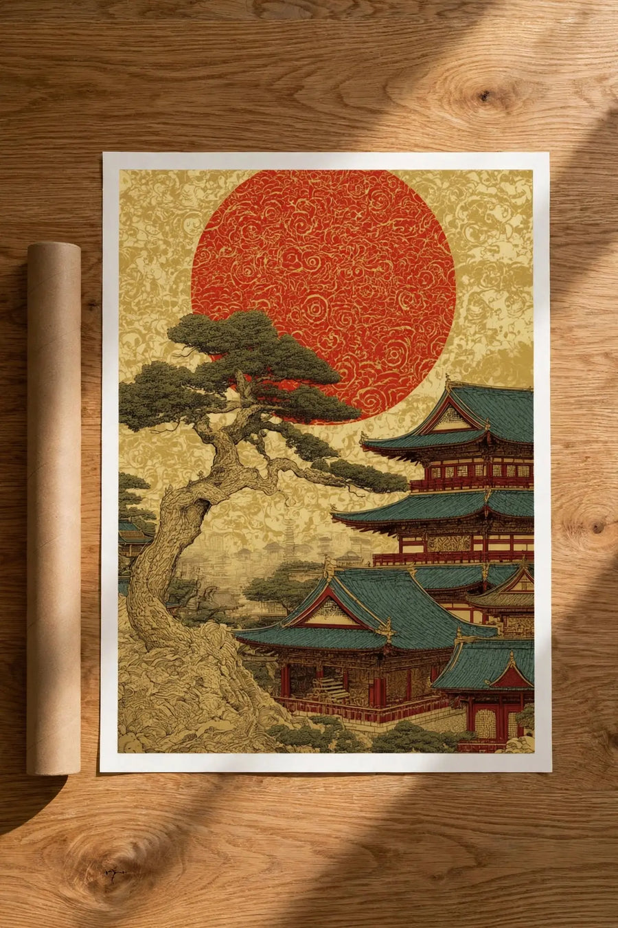Kyoto wall art poster with large red sun, temple rooftops, and a winding tree branch