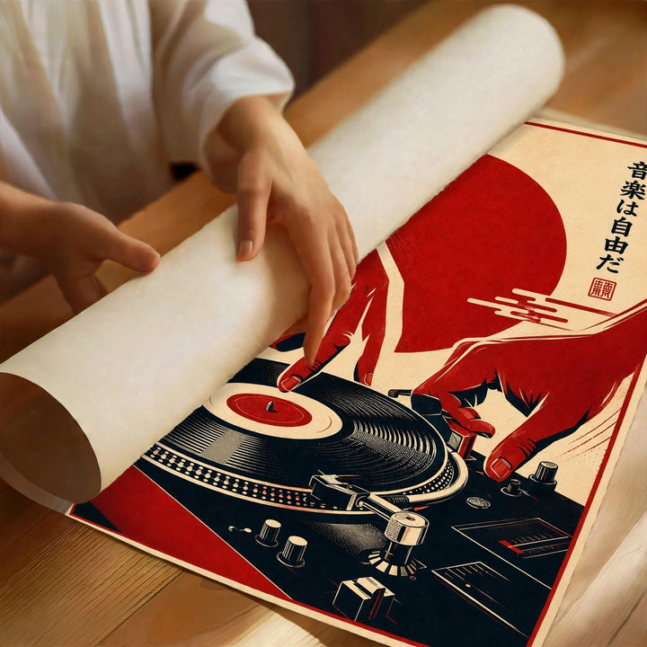 Japanese Vinyl Art Print shown as statement music wall art in a modern living room