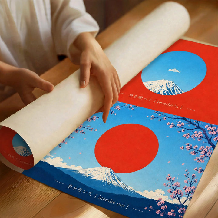 Red Sun Japanese Landscape Art Print featuring graphic blue waves, distant peaks and scenic Japanese imagery