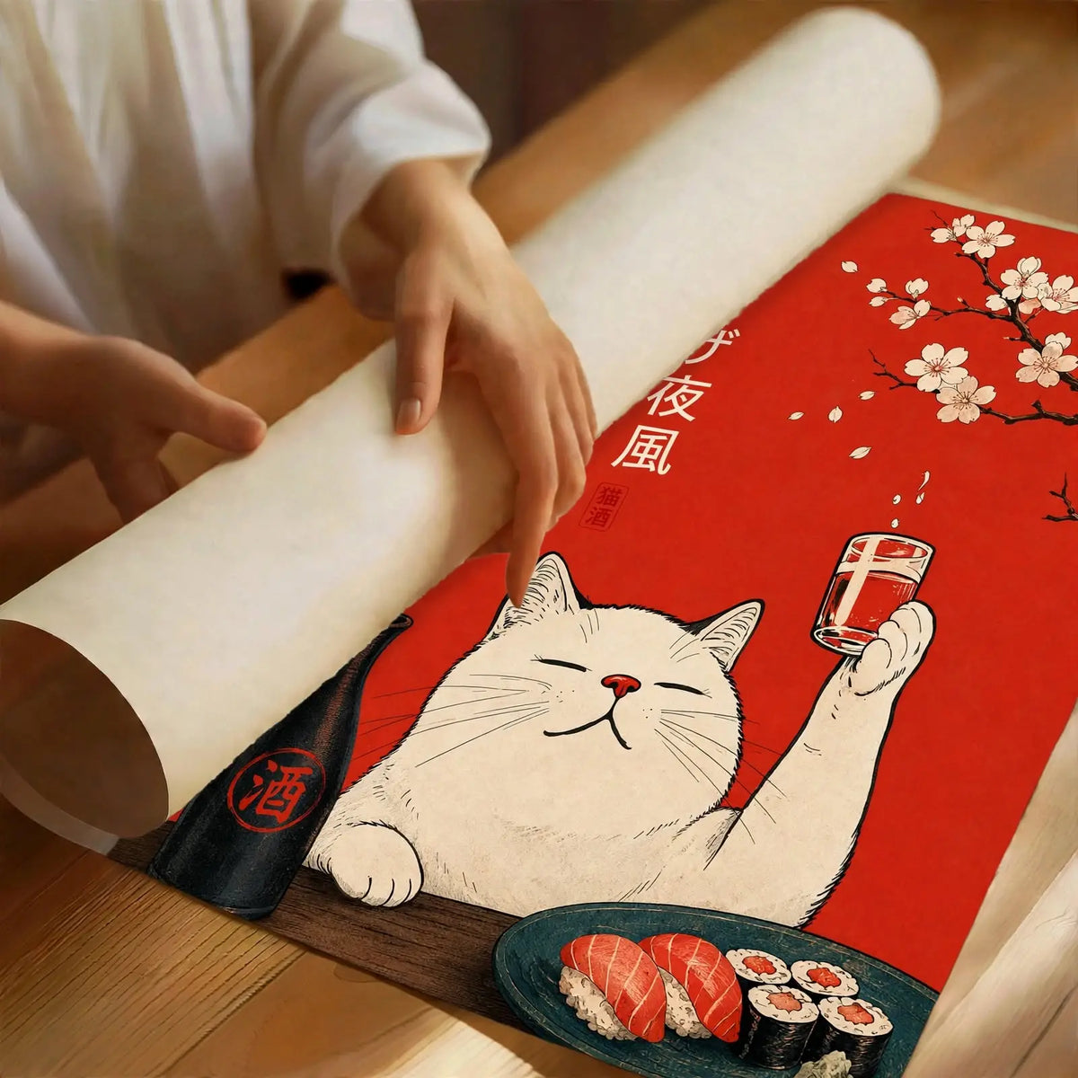 Cat-themed art print, red panel with white cat raising a glass beside sake and sushi